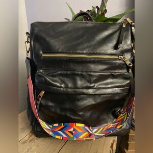 New W/O Tags Modern+Chic Brand Bag/Backpack Leather, Black w/Colorful Strap